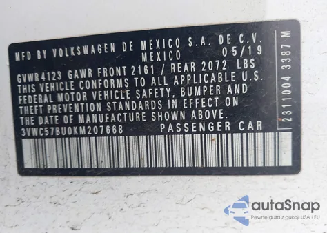 2019 Volkswagen Jetta 1.4T R-Line/1.4T S/1.4T Se из США, поврежденный, VIN 3VWC57BU0KM207668